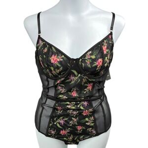 INC International Concepts Intimates Floral Mesh Corset‎ Bodysuit XXL Black Pink